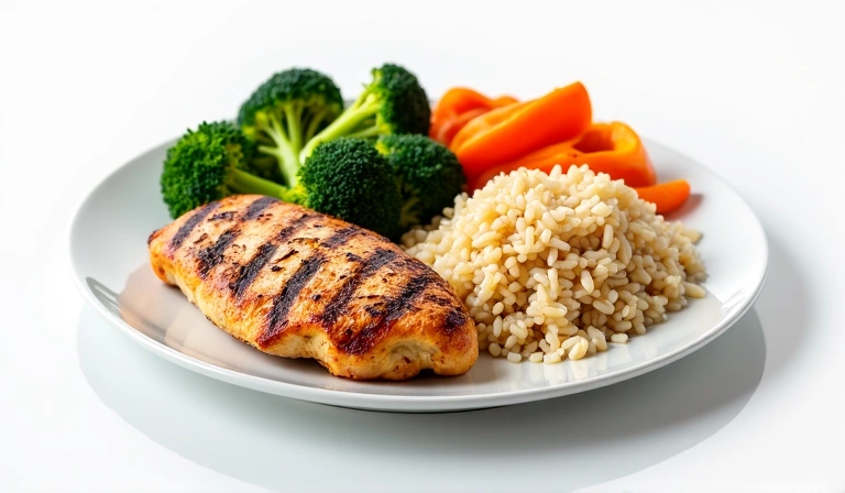 Plate with a balanced meal including protein, carbohydrates, and vegetables