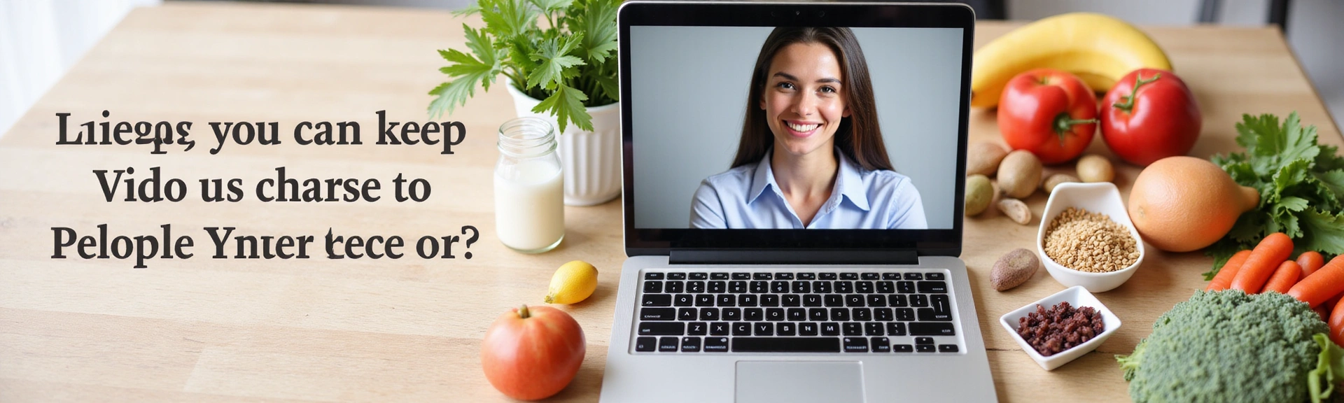 Person engaged in an online video consultation with a nutritionist, surrounded by fresh, healthy food items on a table.