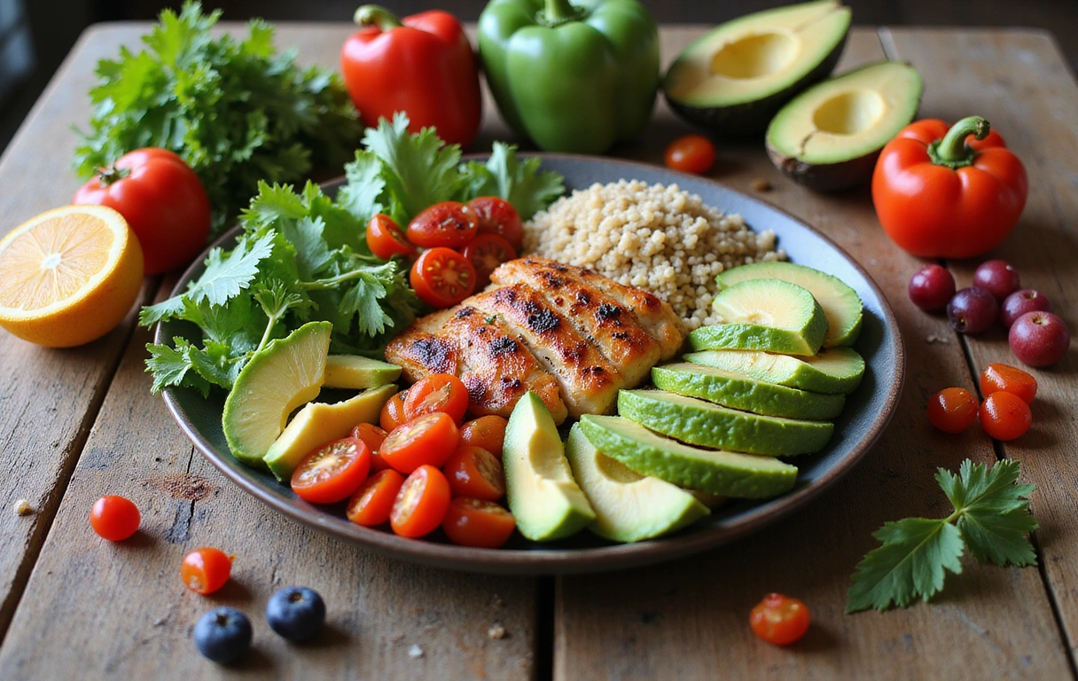 A vibrant, healthy meal spread on a wooden table, with fresh ingredients like fruits, vegetables, and lean protein. Bright, natural lighting.