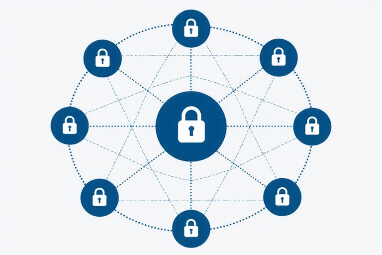 A secure network diagram showing data flow with lock icons, representing secure information sharing.