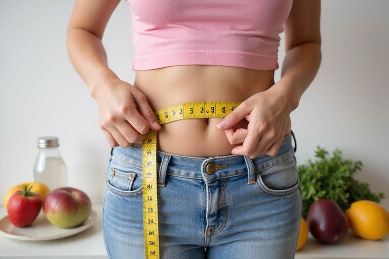 A person measuring their waist with a tape measure, smiling, with healthy food and workout gear in the background, symbolizing weight management success.