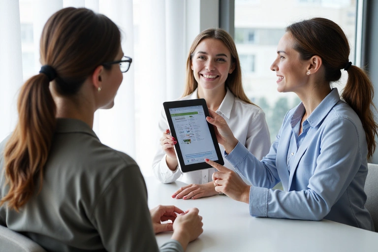 A nutritionist consulting with a client in a bright, modern office, discussing a personalized meal plan on a tablet. Both are smiling and engaged.