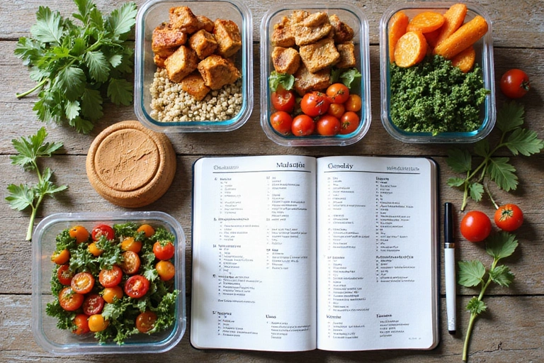A beautifully arranged personalized meal prep with healthy food in containers, a notebook with a meal plan, and fresh ingredients on a wooden table.