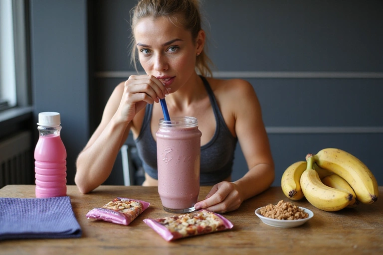 An athlete drinking a smoothie after a workout, with sports equipment and healthy snacks nearby, emphasizing recovery and sports nutrition.