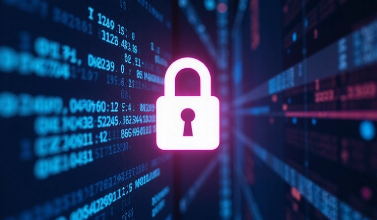 A padlock icon over a blurred background of digital data, symbolizing online privacy and security